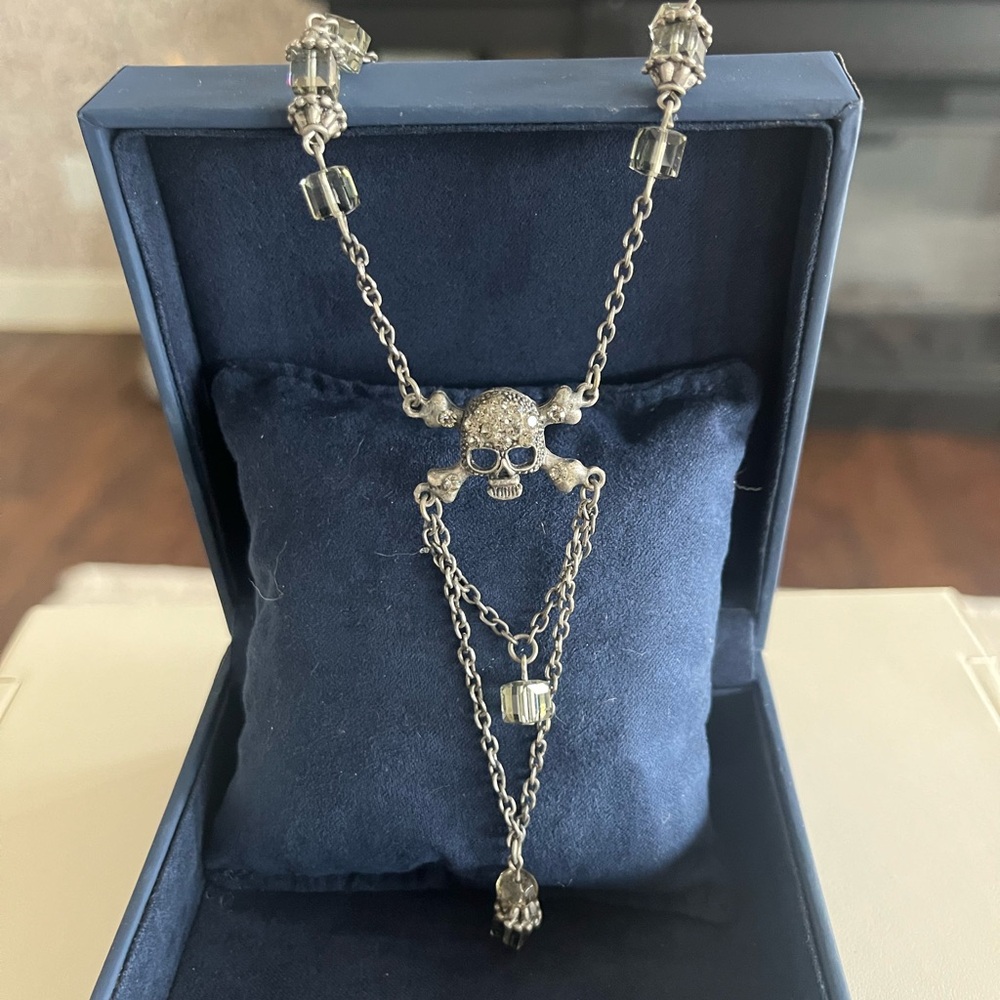 Vintage Skull Crystal & Silver Drop Necklace